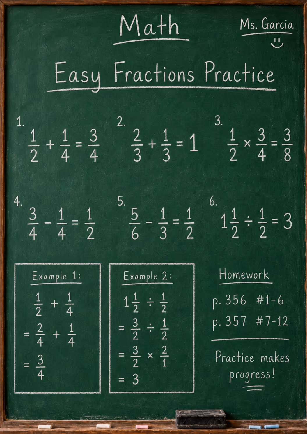 chalkboard with easy fractions math problems