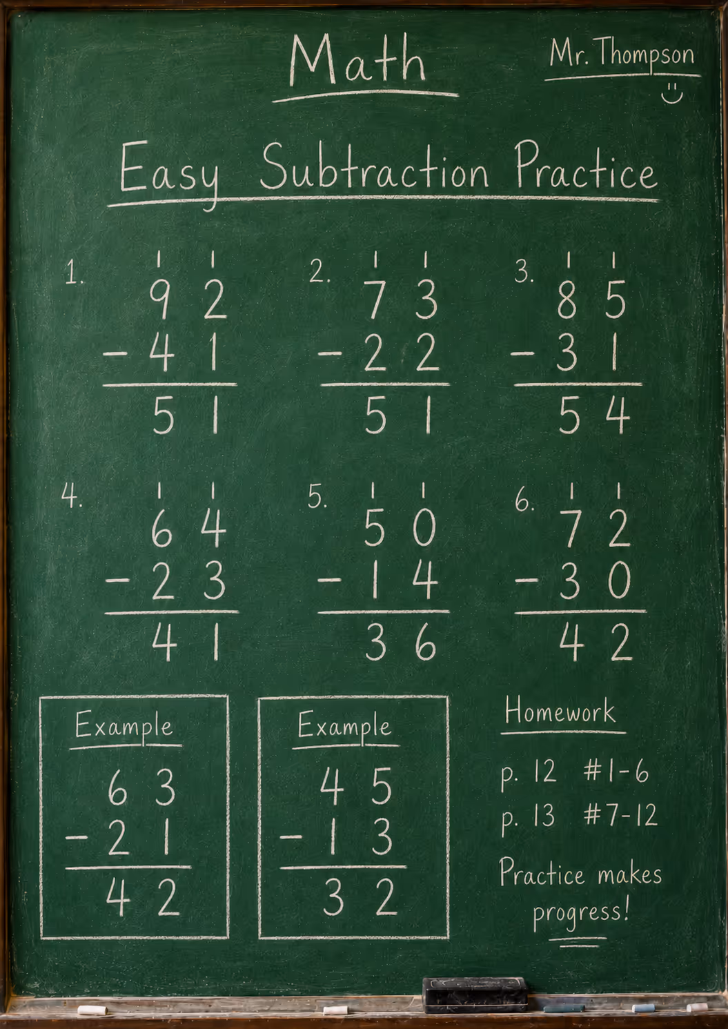 chalkboard with easy subtraction problems