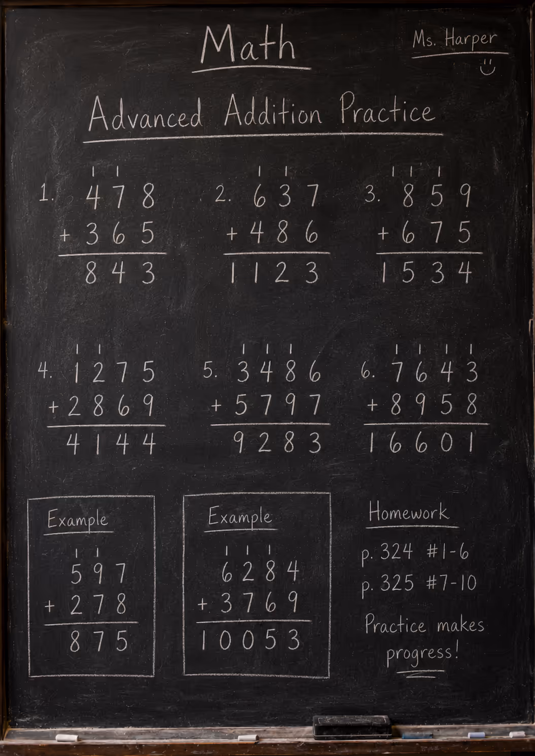 chalkboard with hard addition math problems