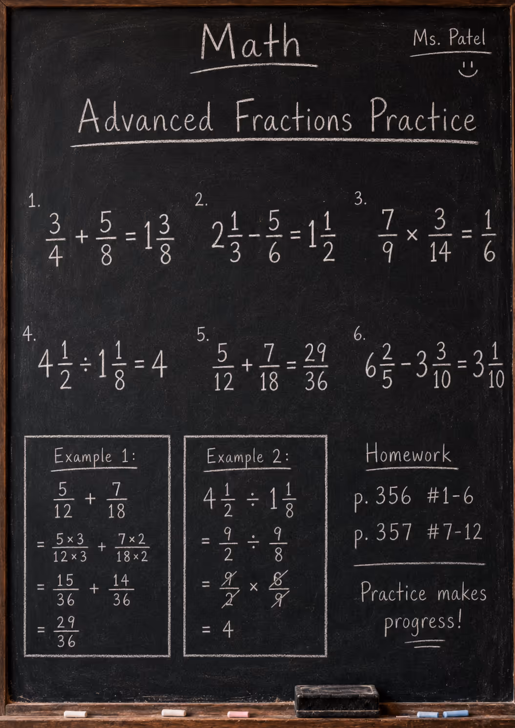 chalkboard with hard fractions