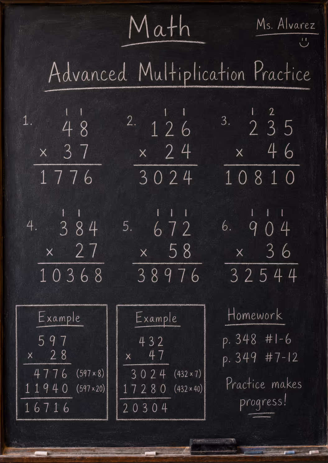 chalkboard with hard multiplication math problems