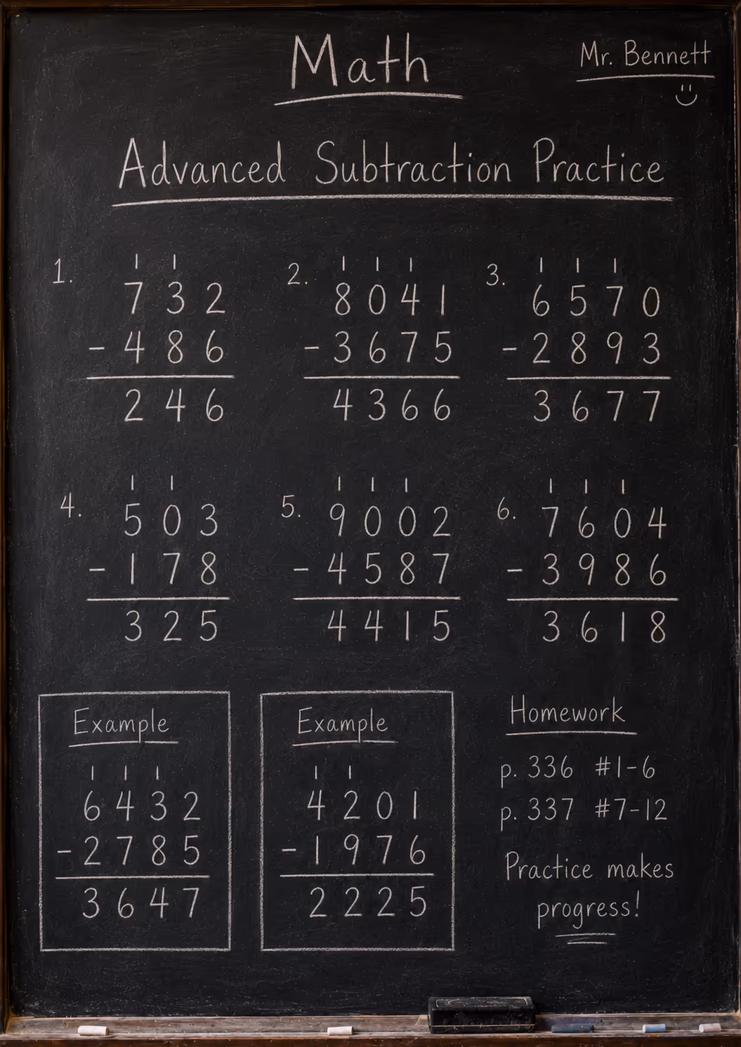 chalkboard with hard subtraction math problems