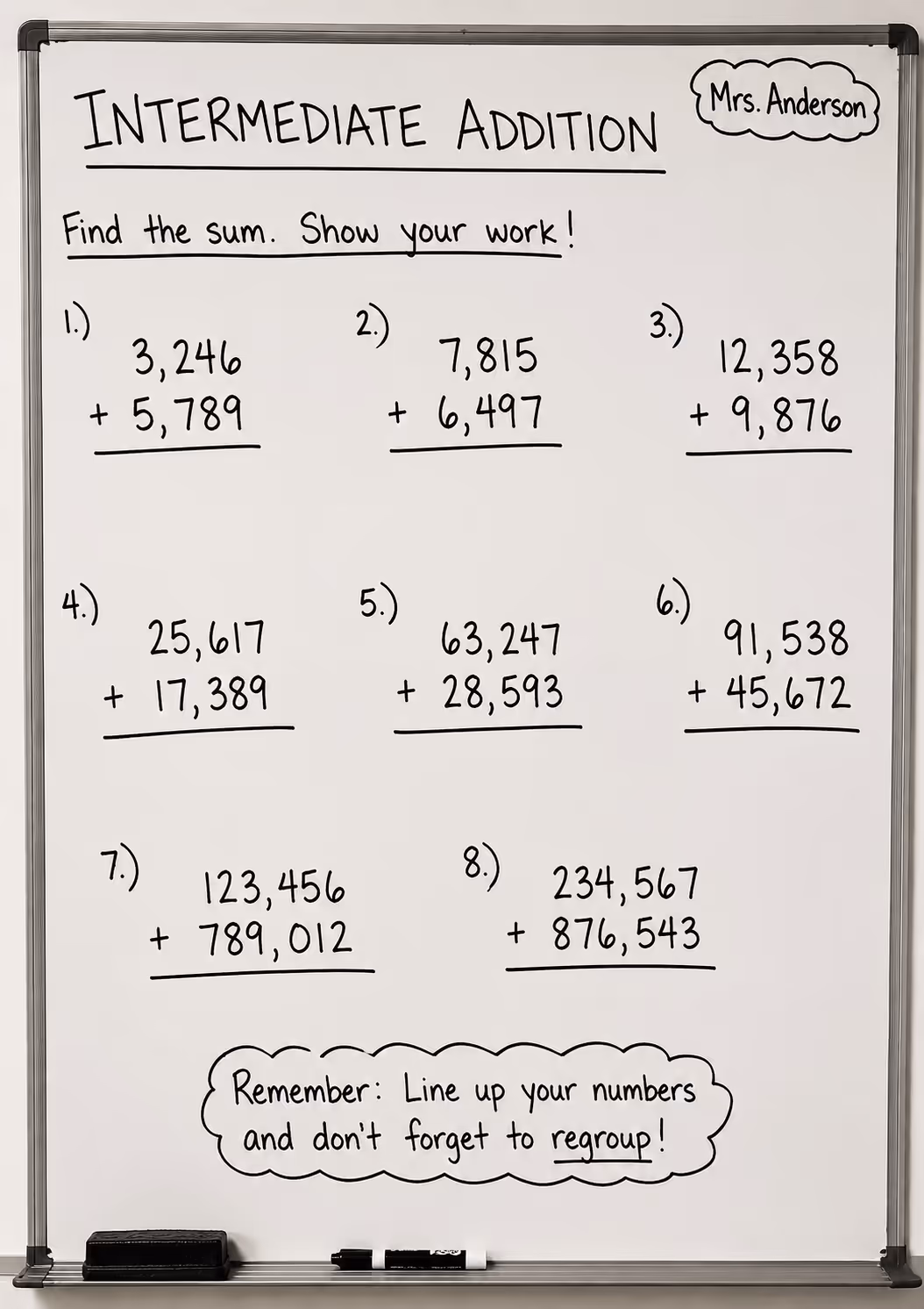 whiteboard with medium addition problems