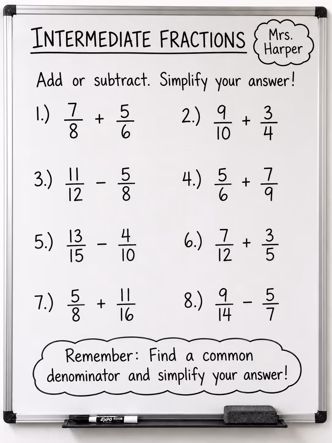 whiteboard with medium fractions