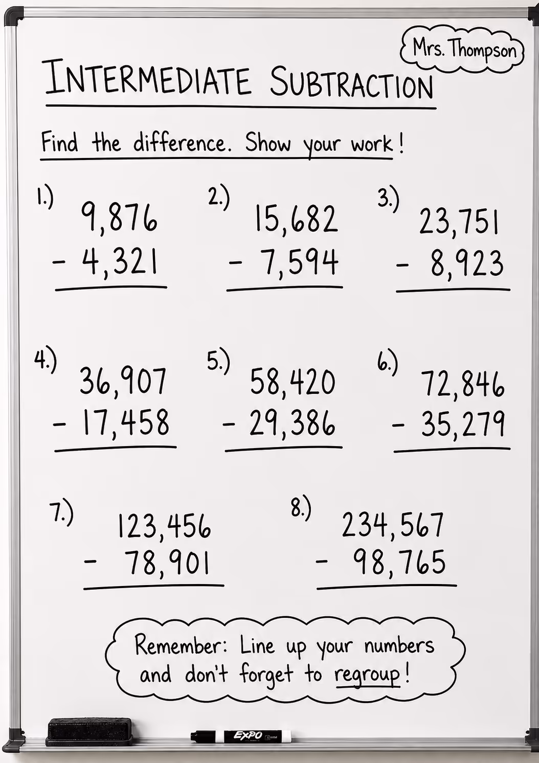 whiteboard with medium subtraction math problems