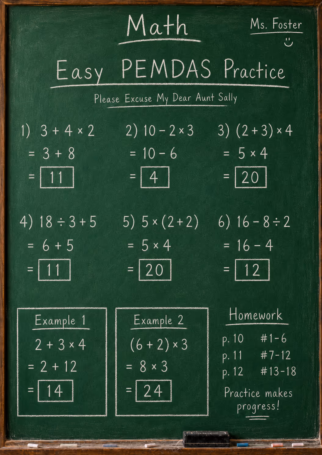 chalkboard with easy pemdas arithmetic