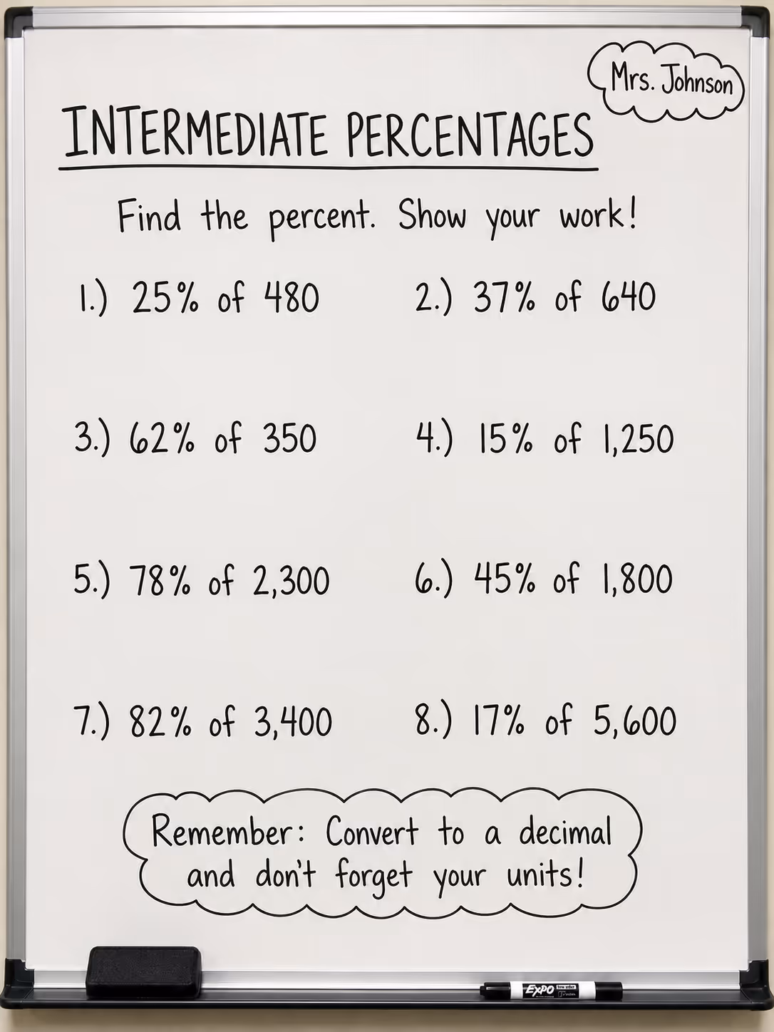 whiteboard with percentage problems
