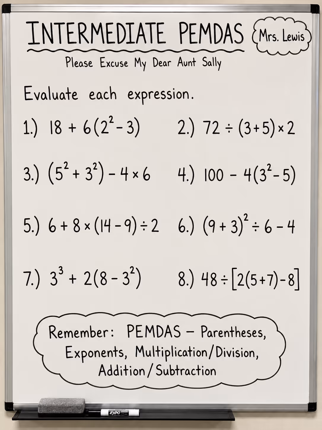 whiteboard with pemdas problems